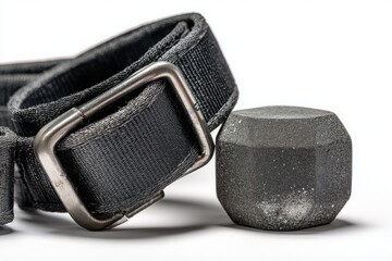 Close-up of a black fabric belt with a metallic buckle next to a gray hexagonal weight on a white background