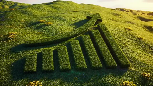 Aerial view of a green grassy hill with a chart and arrow symbol cut into the hillside