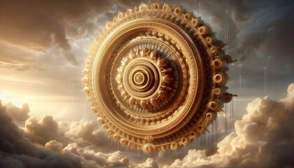 Celestial architecture with floating angelic statues and glowing symbols, Ai generated image