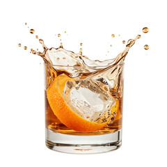 Dynamic splash of an orange drink with ice cube and orange slice on an isolated transparent background.