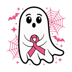 Cute Halloween Ghost Holding Pink Ribbon for Breast Cancer Awareness