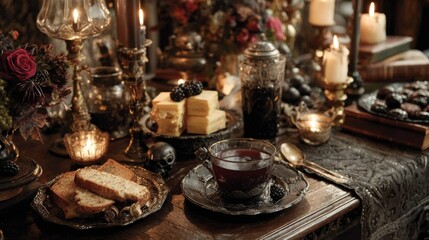 Dark Gothic Halloween Table Setting with Berries and Candles