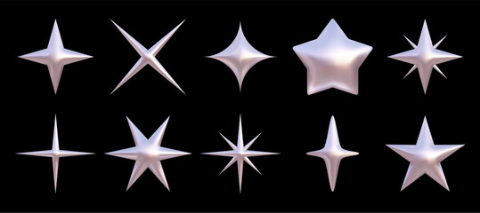 Chrome vector 3d star set. Silver y2k shiny sparks. Metallic bling icon collection isolated