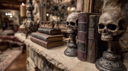 Antique Skulls and Books on Mantelpiece in Dark Room