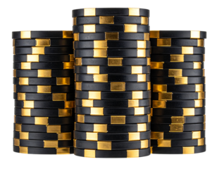 Tall Stack of Black and Gold Poker Chips, Front View, Isolated