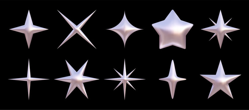 Chrome vector 3d star set. Silver y2k shiny sparks. Metallic bling icon collection isolated