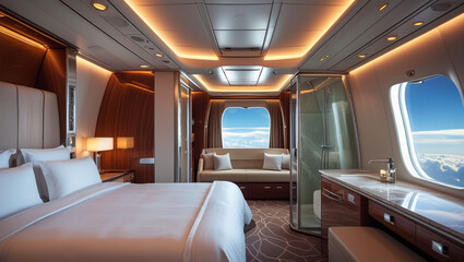 Private jet interior luxury travel airplane design bedroom suite sky view modern aviation interior design