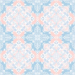 Fototapeta premium A seamless vintage floral pattern in pastel blue, pink, and white with intricate symmetrical medallions and ornamental swirls.