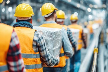 Workers in safety gear transporting materials through a busy industrial facility