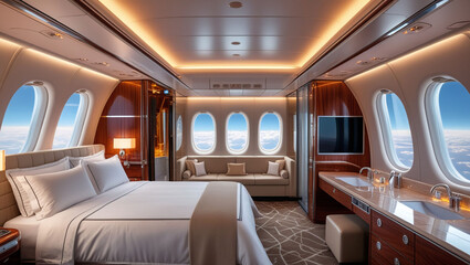 Private jet interior luxury travel airplane bedroom bathroom design sky high class aviation lifestyle