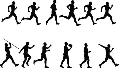 Silhouette vector illustration of athletes running, jumping, walking, javelin throwing, football holding, black flat cad figure, sport action drawing