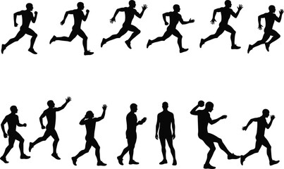 Silhouette vector of athletes in motion, sprinting, throwing, walking, jumping, sports action, male figure, cad flat drawing illustration