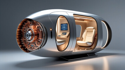 Futuristic pod interior design transportation vehicle luxury travel technology innovation concept rendering