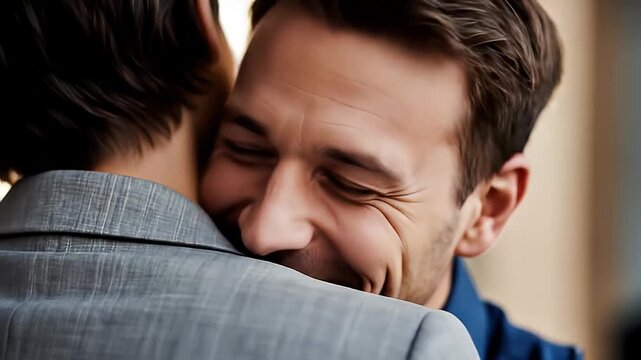 Ultra-realistic shot of happy embrace between colleagues, business office diversity shot celebrating shared success