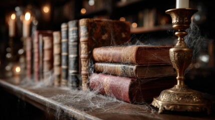 Antique Books and Candles on Wooden Shelf