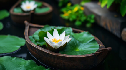 Fototapeta premium Serene Water Lily Floating on Leaf in Traditional Wooden Boat Amidst Lush Greenery Concept