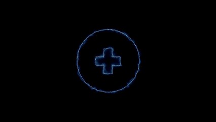 Glowing blue plus sign symbol inside a circle on black medical emergency concept