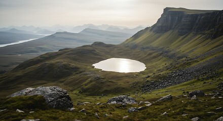 This stunning image captures the majestic grandeur of a remote natural environment, highlighting a tranquil lake surrounded by imposing mountains and lush green slopes.