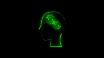 Green neon silhouette of a human head with two gears depicting mind and intelligence