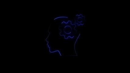 Human mind processes depicted by gears inside a glowing silhouette profile on black