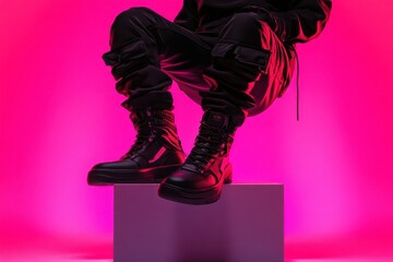 Stylish black boots on a raised platform against a vibrant pink backdrop.