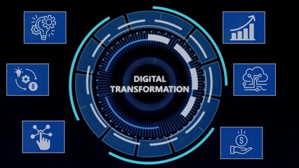 Digital transformation concept depicted with icons on futuristic circular technology interface