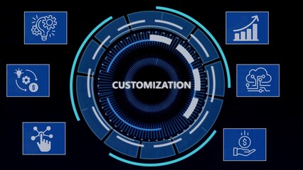 Digital interface display highlighting business customization solutions and technological development