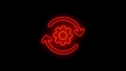 Glowing neon gear symbol with circular arrows on a black background representing process