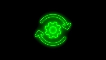 Neon green gear and arrow icons representing process and settings on black background