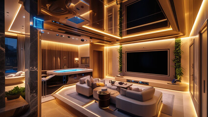 Modern luxury living room interior design with pool and stylish furniture and elegant lighting design idea
