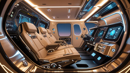 Futuristic spaceship interior cockpit design with pilot seats and advanced navigation console technology