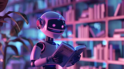 Fototapeta premium Robot reading a book in library, A robot with artificial intelligence in a library, reading a book, representing the fusion of technology and knowledge.