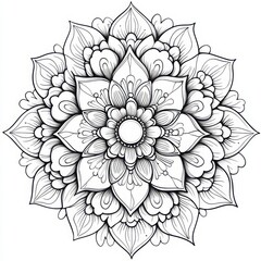 Detailed floral mandala with intricate petal designs and a central circular motif in black and white art