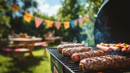 A grill with sizzling burgers and hot dogs, set up in a sunny backyard with flags and picnic decor in the background, summer vibes