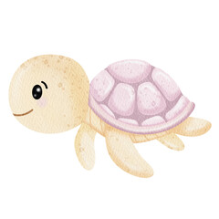 Watercolor Cute turtle. Under the sea.