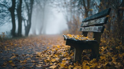 Lonely wooden bench on a path covered with yellow autumn leaves in a foggy, sad park.