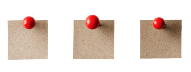 Three blank, kraft-colored sticky notes, each with a red pushpin