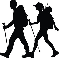 Black Silhouette of Two Hikers with Backpacks and Trekking Poles