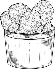 Fried chicken in basket hand drawn ink sketch vector