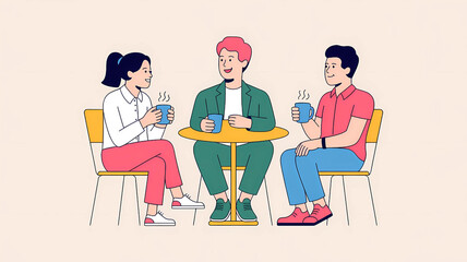 Three friends enjoying coffee together at a cafe