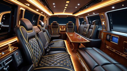 Luxury van interior limousine car design leather seats comfort travel vehicle transportation style modern