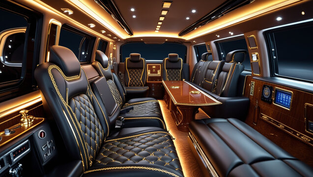 Luxury van interior limousine car design leather seats comfort travel vehicle transportation style modern