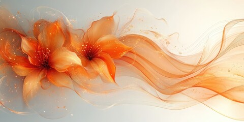 A vibrant floral composition featuring orange flowers and flowing transparent fabric on a light background