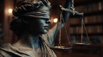 Law and justice concept. Justice symbol - Themis sculpture on gray background.