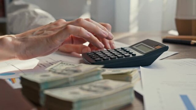 Person Calculating Finances Using a Calculator and Banknotes on a Table