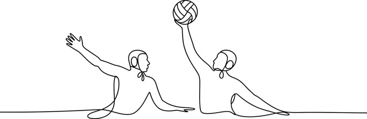 Two athletes playing water polo with ball isolated on white background