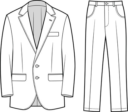 Men’s blazer and trousers cad drawing flat vector illustration, fashion suit technical sketch, front view clothing design template