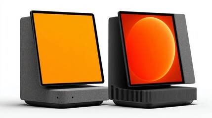 Two smart display devices with screens showing solid orange and a circular gradient of orange and red