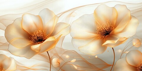 A close up of several elegant flowers with golden accents on a light background with swirls design