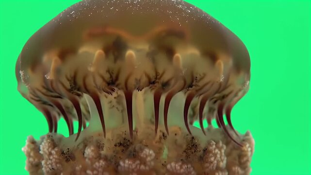 Intricate details of an upside-down jellyfish (Cassiopea) against a vivid green background.